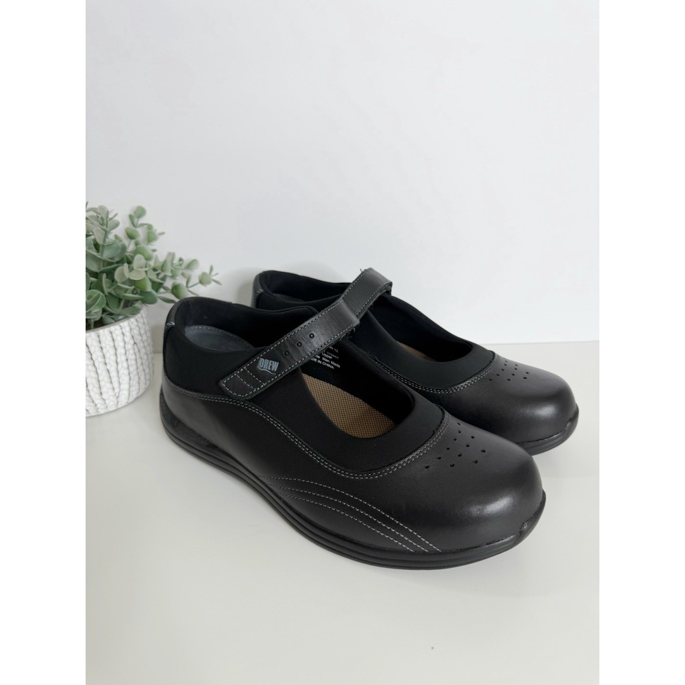 NEW Drew Rose Mary Jane Shoes 10WW Black Leather‎ Hook Loop Flats Orthopedic